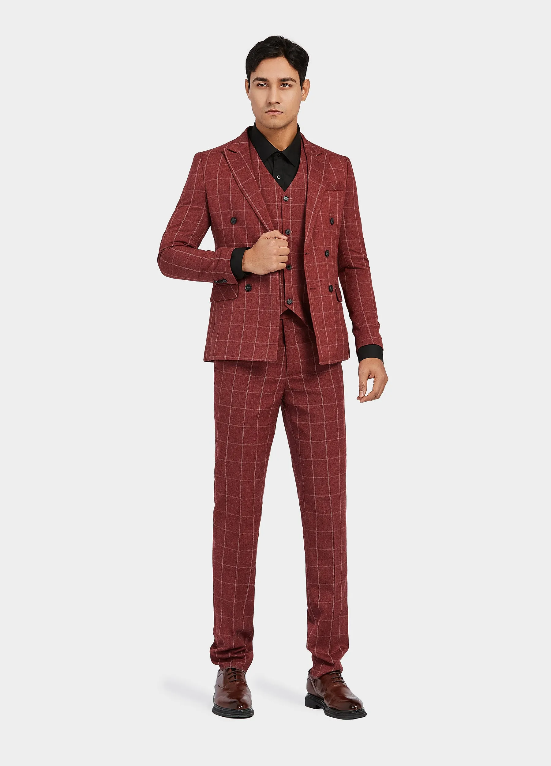 1PA1 Men's 3 Pieces Slim Fit Plaid Vested Suit, Wedding Tuxedo - Two Button Jacket, Vest & Pants