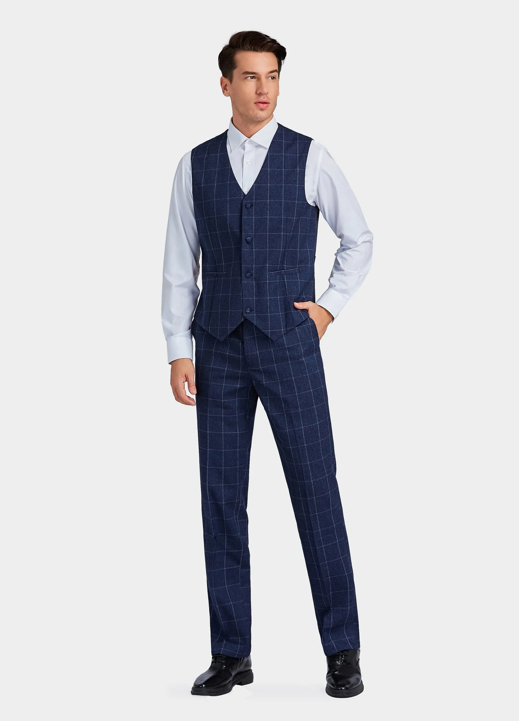 1PA1 Men's 3 Pieces Slim Fit Plaid Vested Suit, Wedding Tuxedo - Two Button Jacket, Vest & Pants