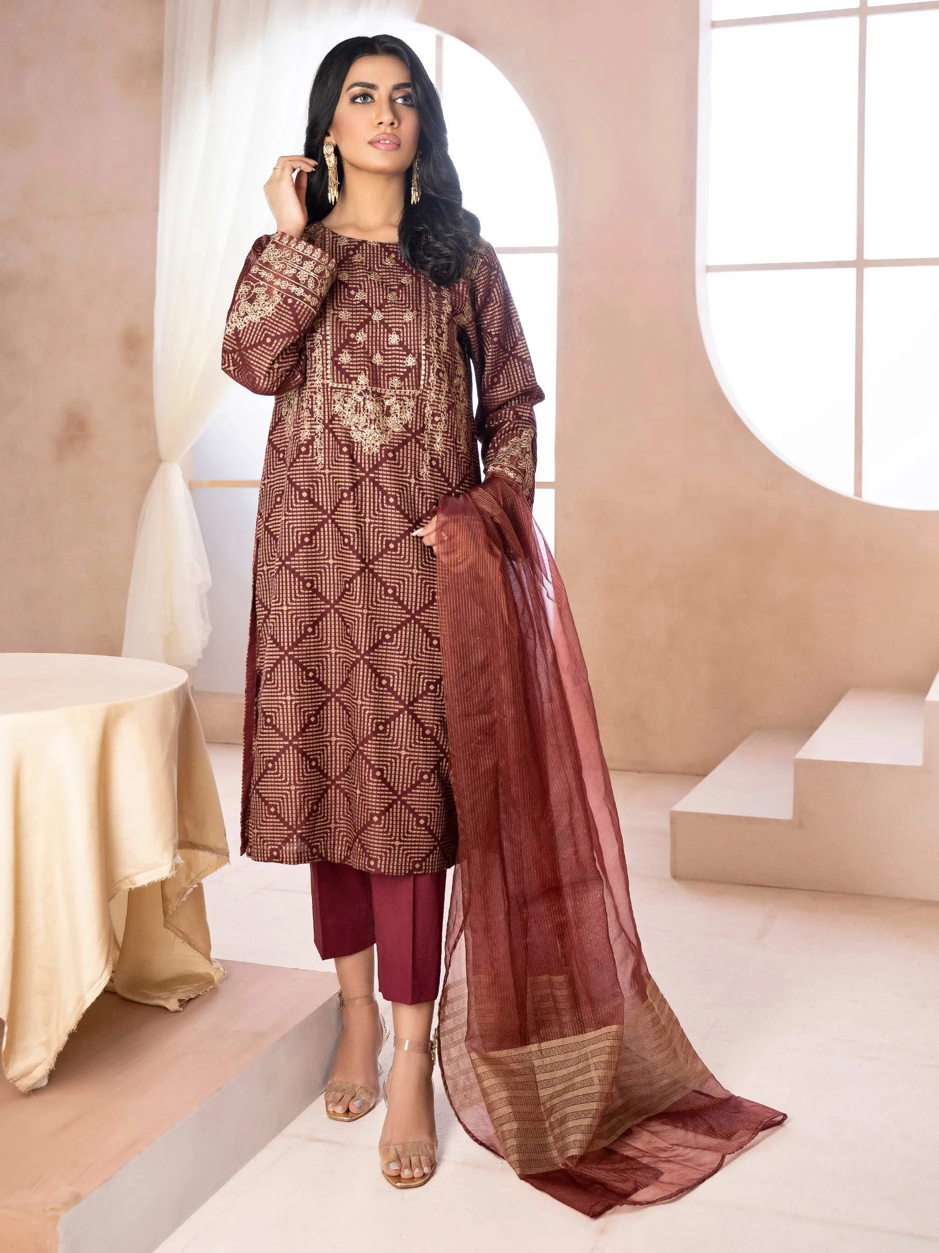 2 Piece Jacquard Suit-Unstitched Embroidered