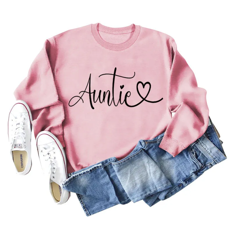 Auntie Love Letter Printing Fashion Backing Long Sleeve Loose Sweater Women