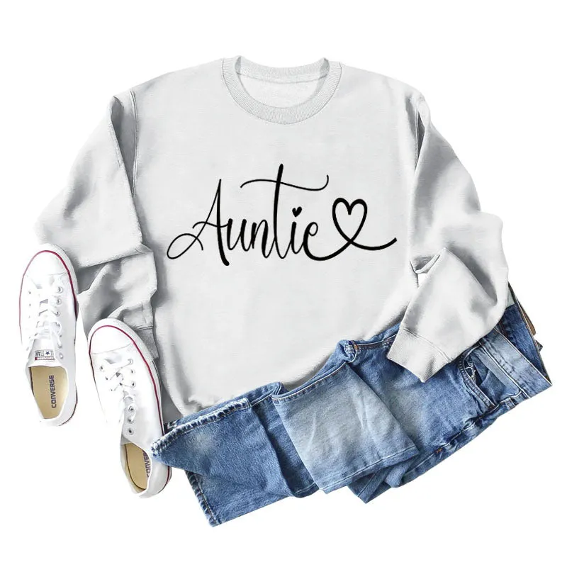 Auntie Love Letter Printing Fashion Backing Long Sleeve Loose Sweater Women