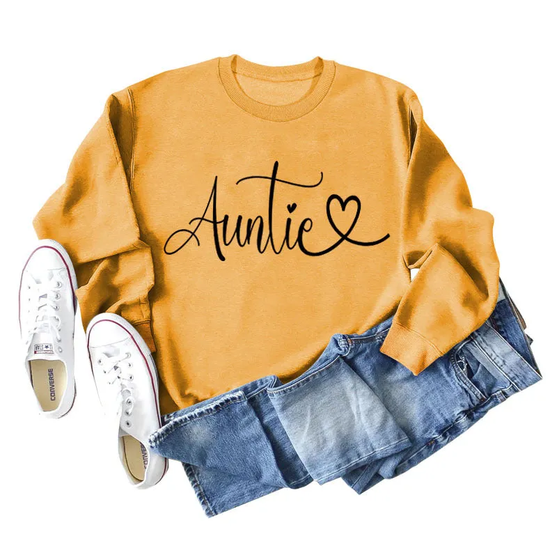 Auntie Love Letter Printing Fashion Backing Long Sleeve Loose Sweater Women