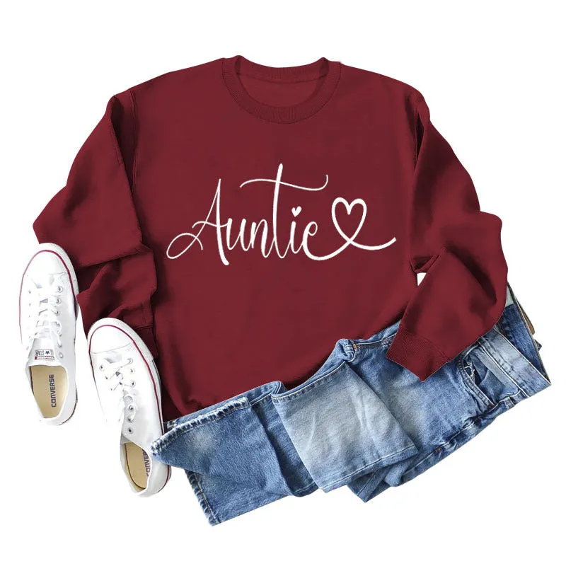 Auntie Love Letter Printing Fashion Backing Long Sleeve Loose Sweater Women