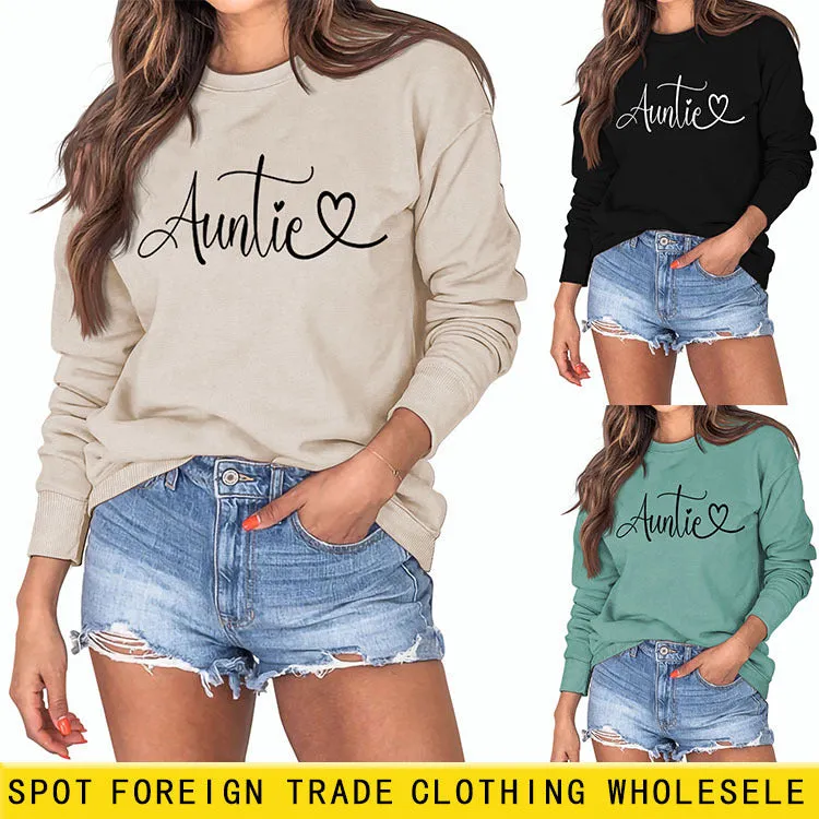 Auntie Love Letter Printing Fashion Backing Long Sleeve Loose Sweater Women