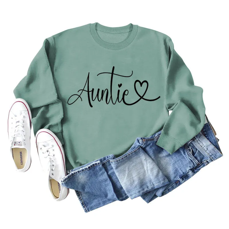 Auntie Love Letter Printing Fashion Backing Long Sleeve Loose Sweater Women