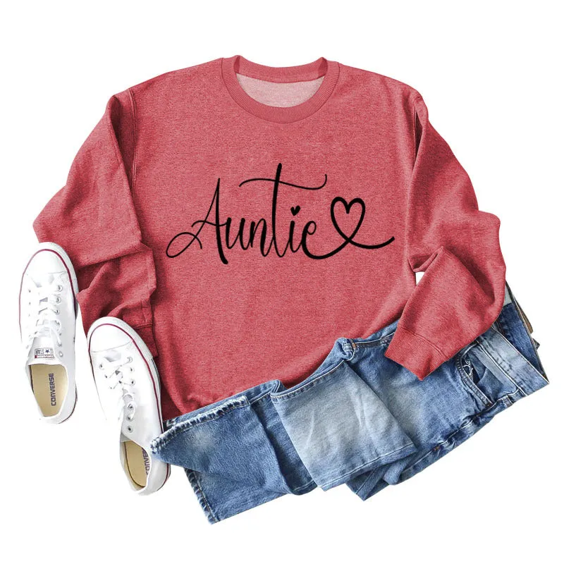 Auntie Love Letter Printing Fashion Backing Long Sleeve Loose Sweater Women