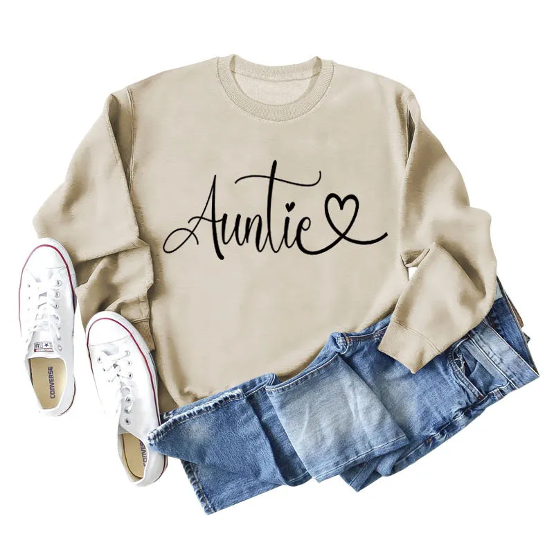 Auntie Love Letter Printing Fashion Backing Long Sleeve Loose Sweater Women