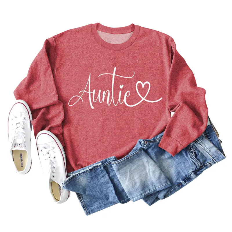 Auntie Love Letter Printing Fashion Backing Long Sleeve Loose Sweater Women