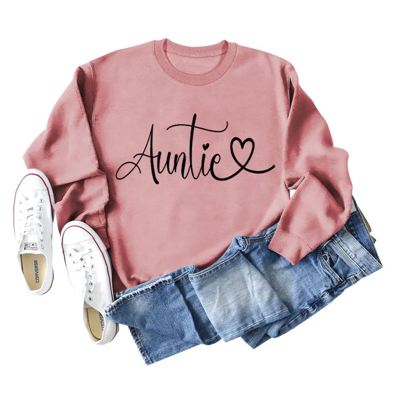 Auntie Love Letter Printing Fashion Backing Long Sleeve Loose Sweater Women