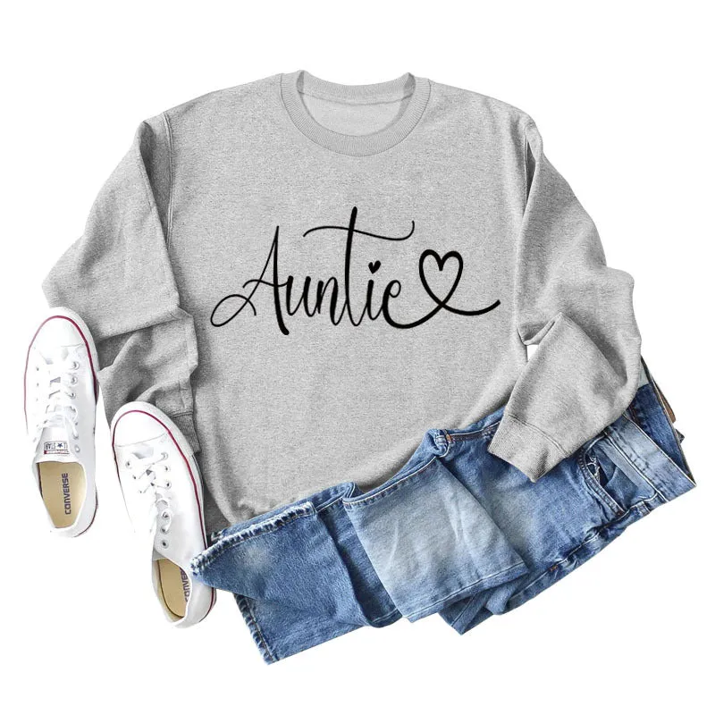 Auntie Love Letter Printing Fashion Backing Long Sleeve Loose Sweater Women