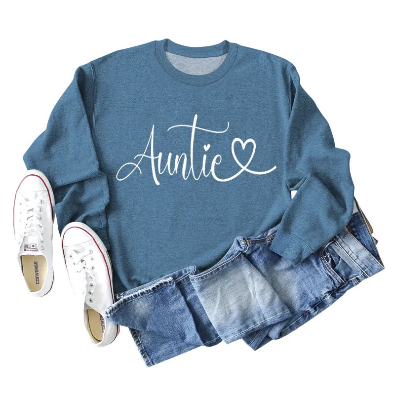 Auntie Love Letter Printing Fashion Backing Long Sleeve Loose Sweater Women