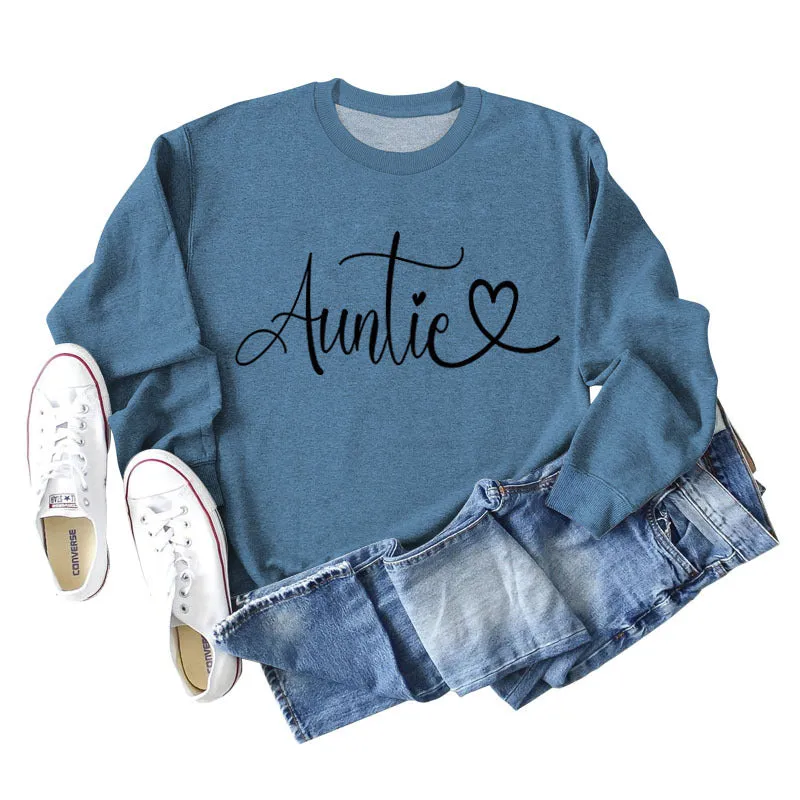 Auntie Love Letter Printing Fashion Backing Long Sleeve Loose Sweater Women