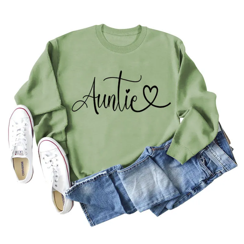 Auntie Love Letter Printing Fashion Backing Long Sleeve Loose Sweater Women