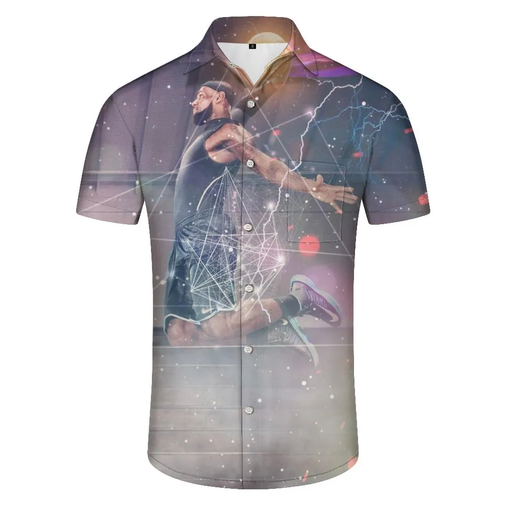 Basketball superstar James shining cool fashion fun trend rap short-sleeved shirt men's button pocket lapel short-sleeved shirt Hawaiian loose casual shirt short sleeves