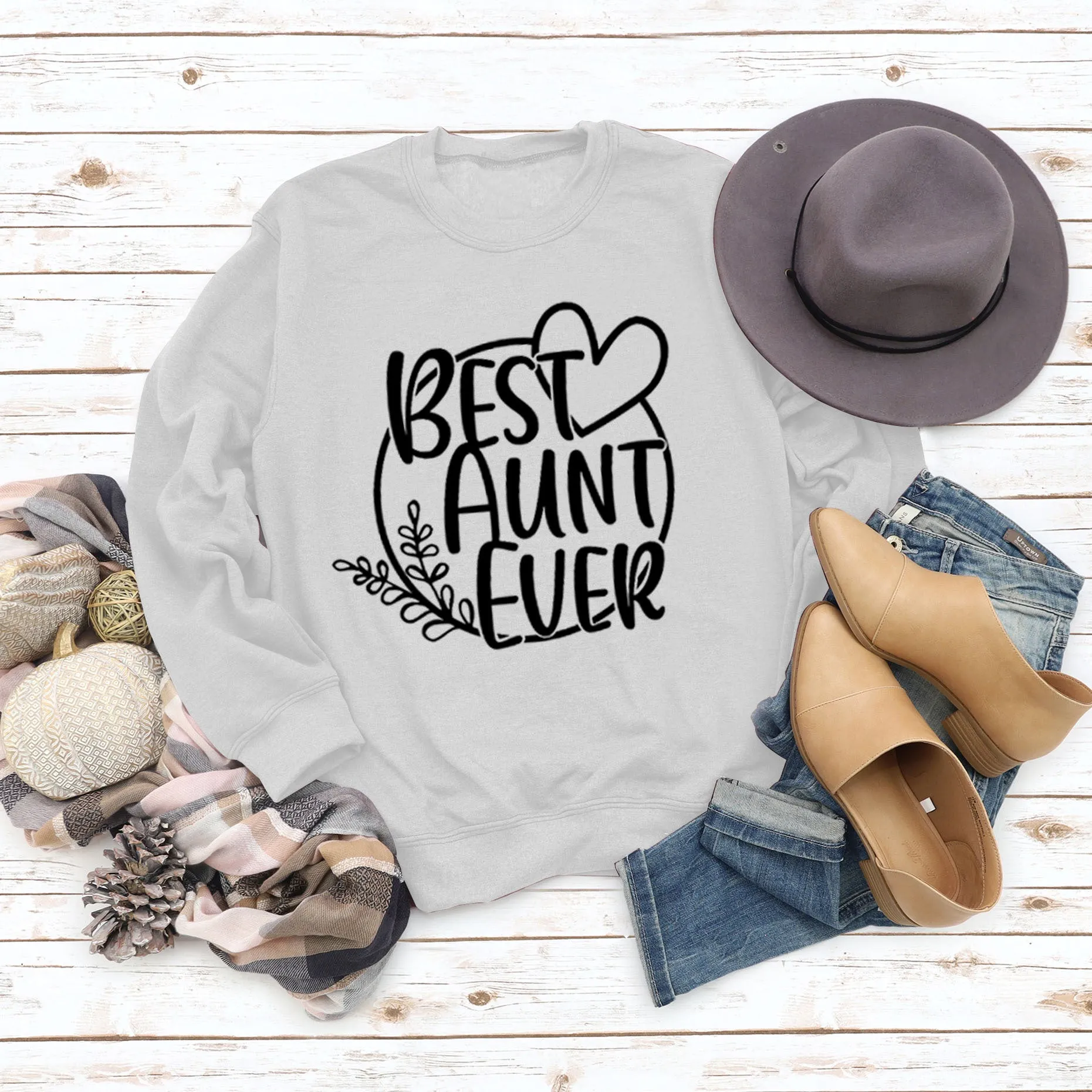 BEST AUNT EVER Round Neck Large Size Print Women Long Sleeve Loose Sweatshirt Shirt