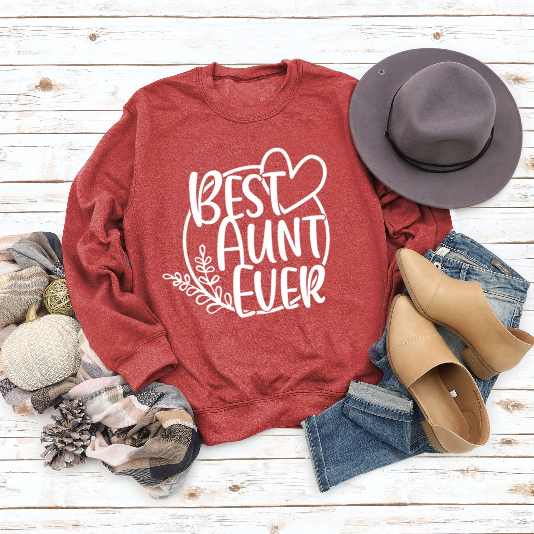 BEST AUNT EVER Round Neck Large Size Print Women Long Sleeve Loose Sweatshirt Shirt