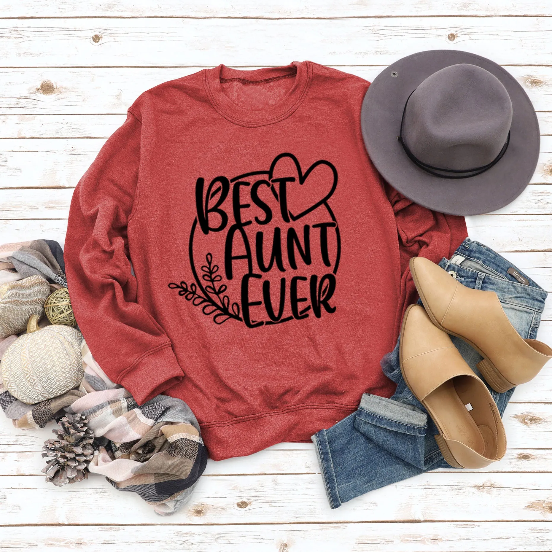 BEST AUNT EVER Round Neck Large Size Print Women Long Sleeve Loose Sweatshirt Shirt