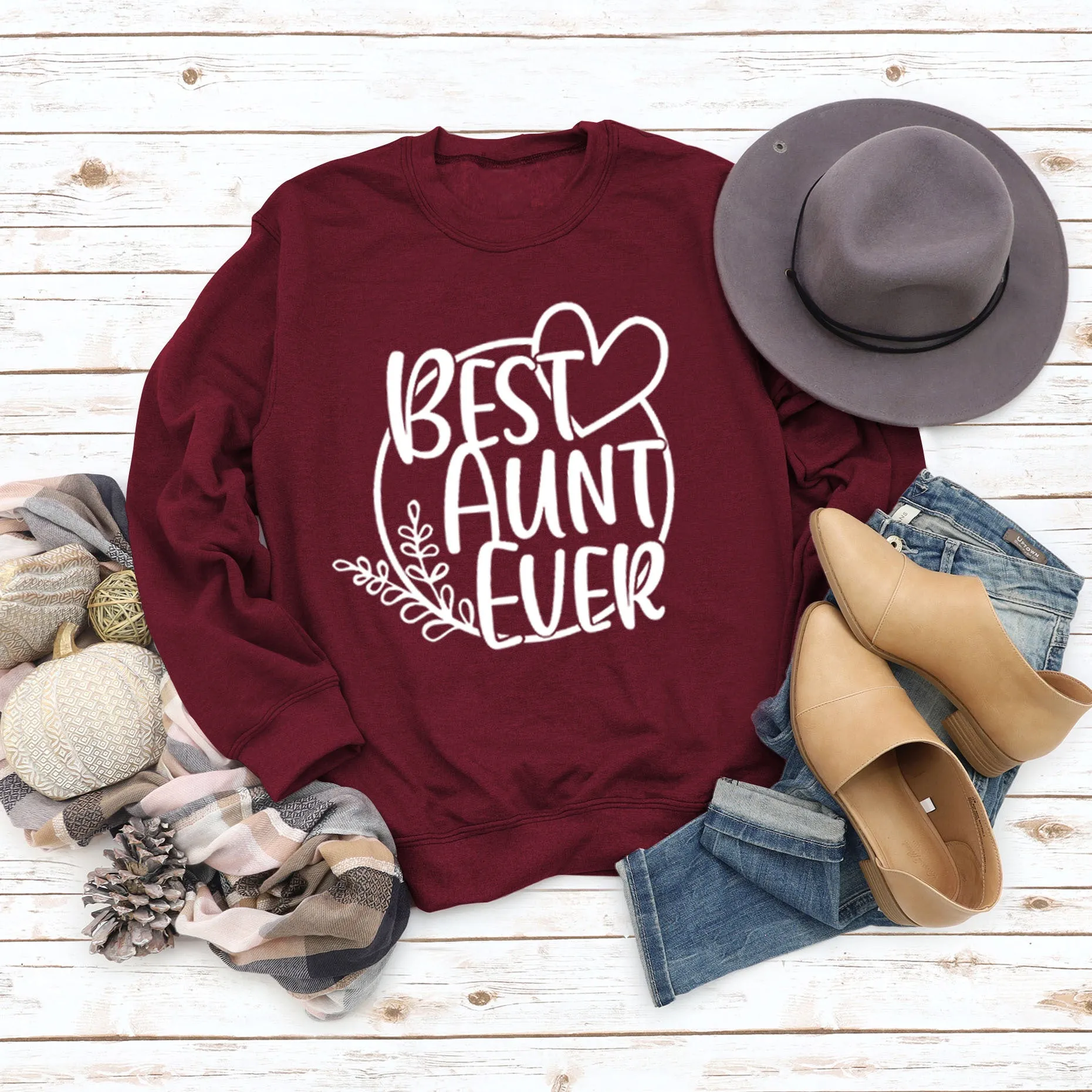 BEST AUNT EVER Round Neck Large Size Print Women Long Sleeve Loose Sweatshirt Shirt