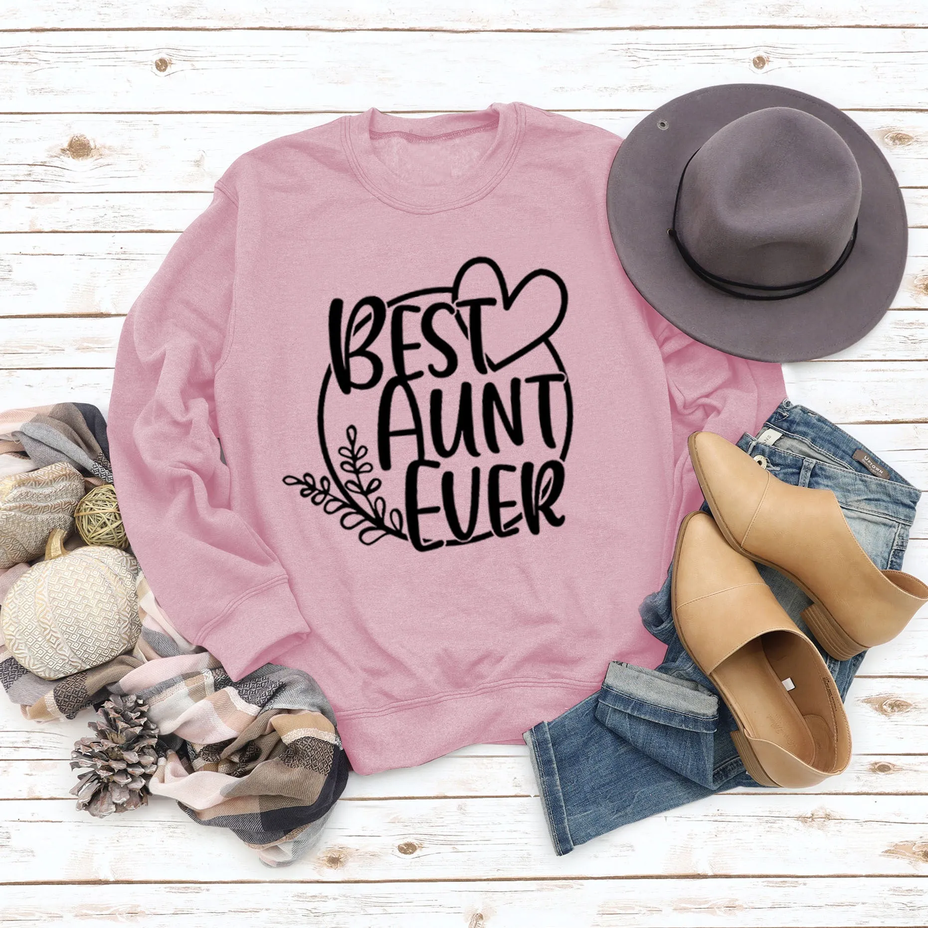 BEST AUNT EVER Round Neck Large Size Print Women Long Sleeve Loose Sweatshirt Shirt