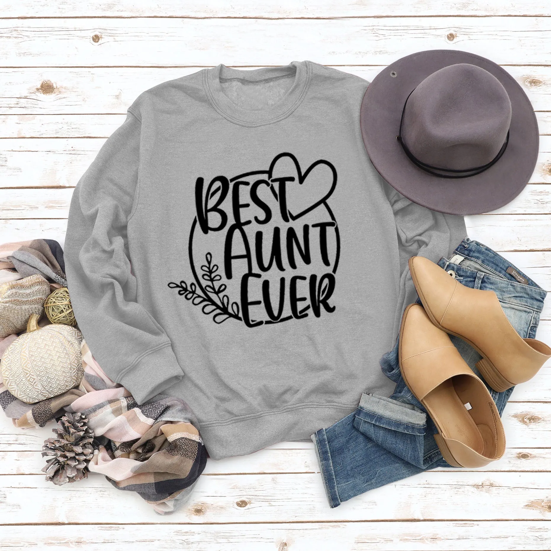 BEST AUNT EVER Round Neck Large Size Print Women Long Sleeve Loose Sweatshirt Shirt