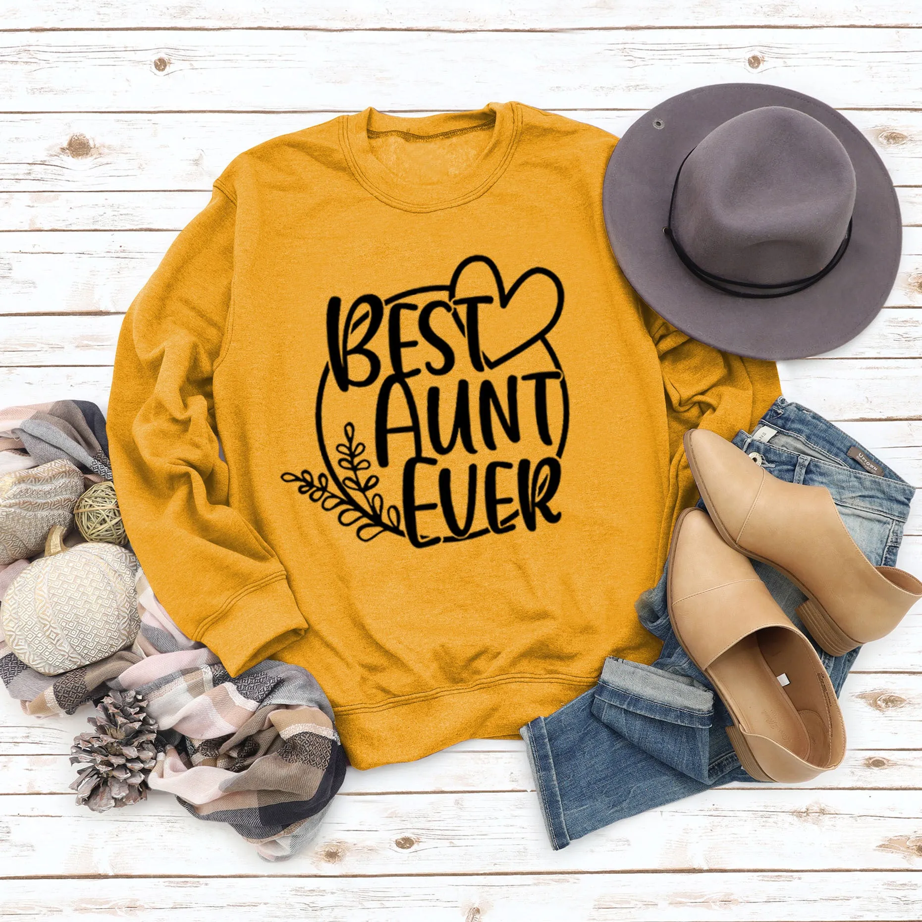 BEST AUNT EVER Round Neck Large Size Print Women Long Sleeve Loose Sweatshirt Shirt