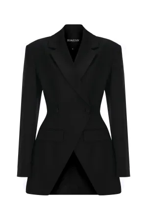 BLACK ASYMMETRIC BUTTON DETAILED BLAZER JACKET