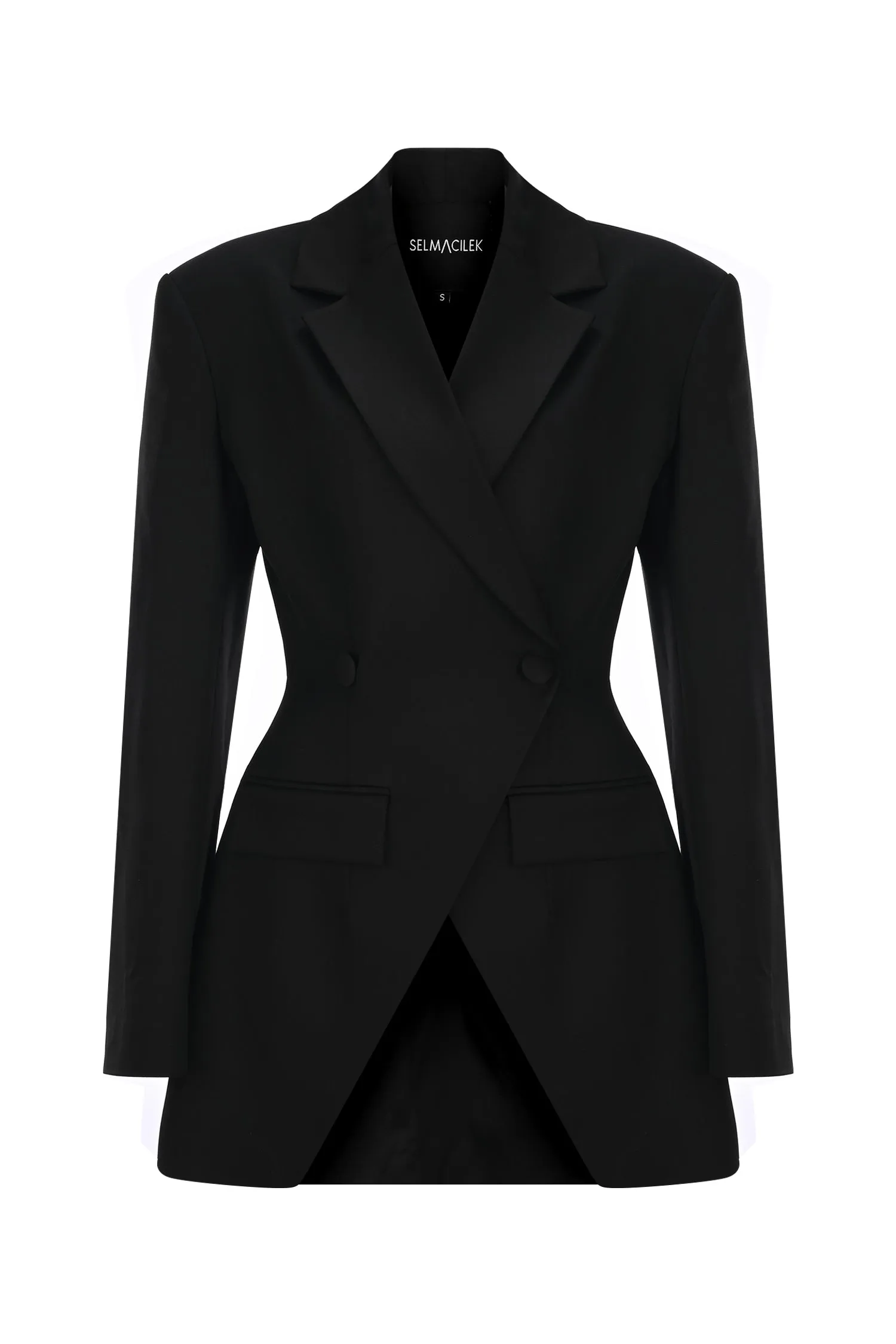 BLACK ASYMMETRIC BUTTON DETAILED BLAZER JACKET