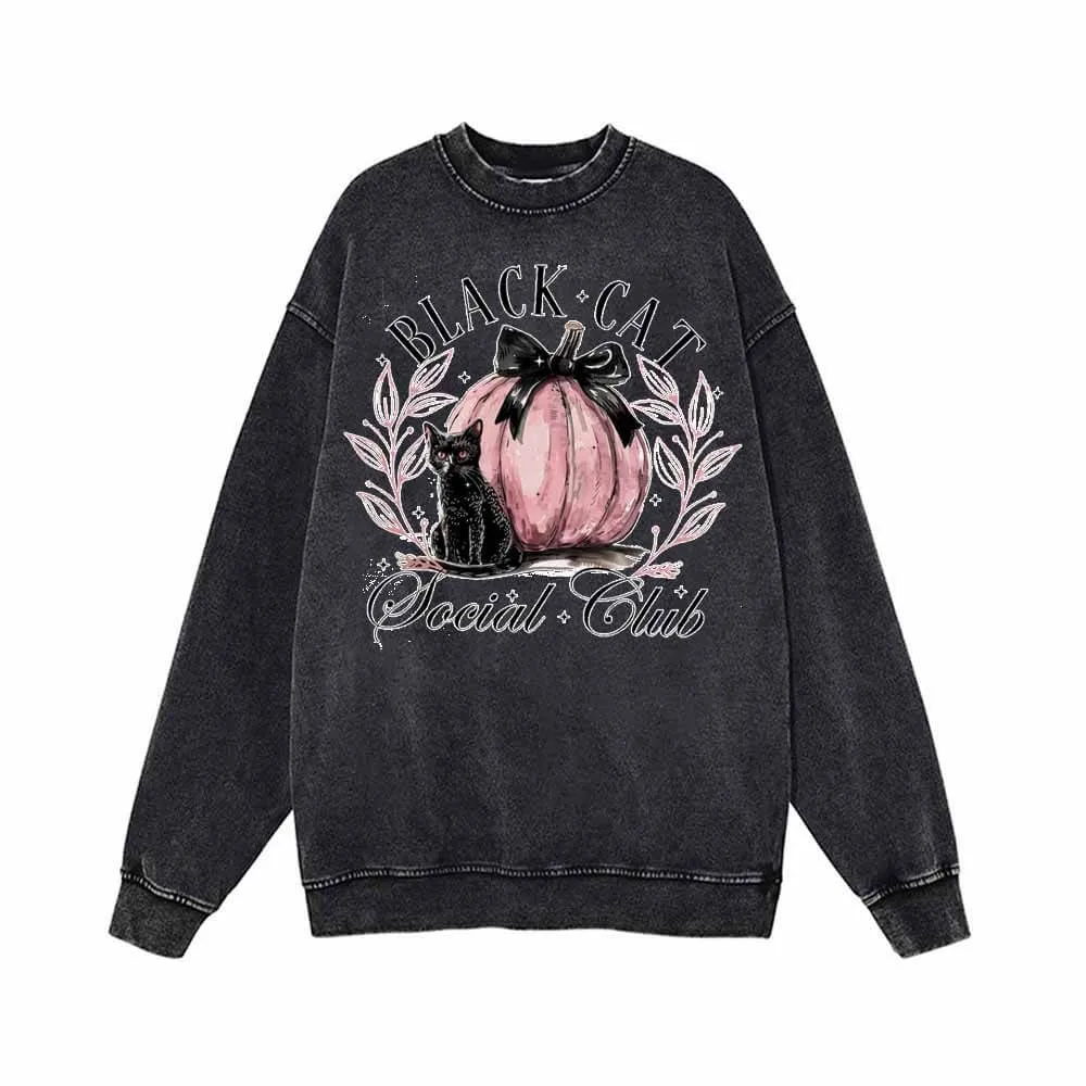 Black Cat Pink Pumpkin Club Vintage Washed Hoodie Sweatshirt