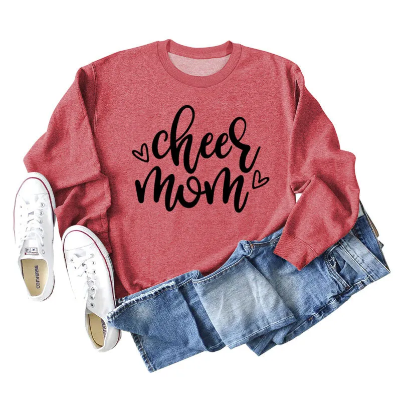 Cheer Mom Heart Letters Round Neck Loose Bottoming Autumn and Winter Long-sleeved Large Size Sweater