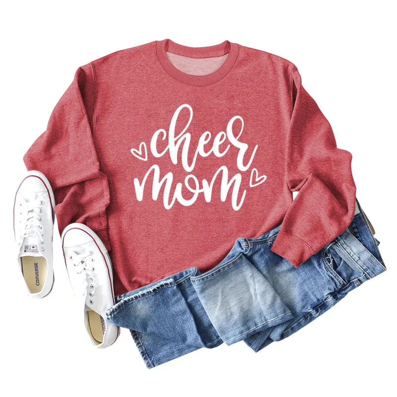 Cheer Mom Heart Letters Round Neck Loose Bottoming Autumn and Winter Long-sleeved Large Size Sweater