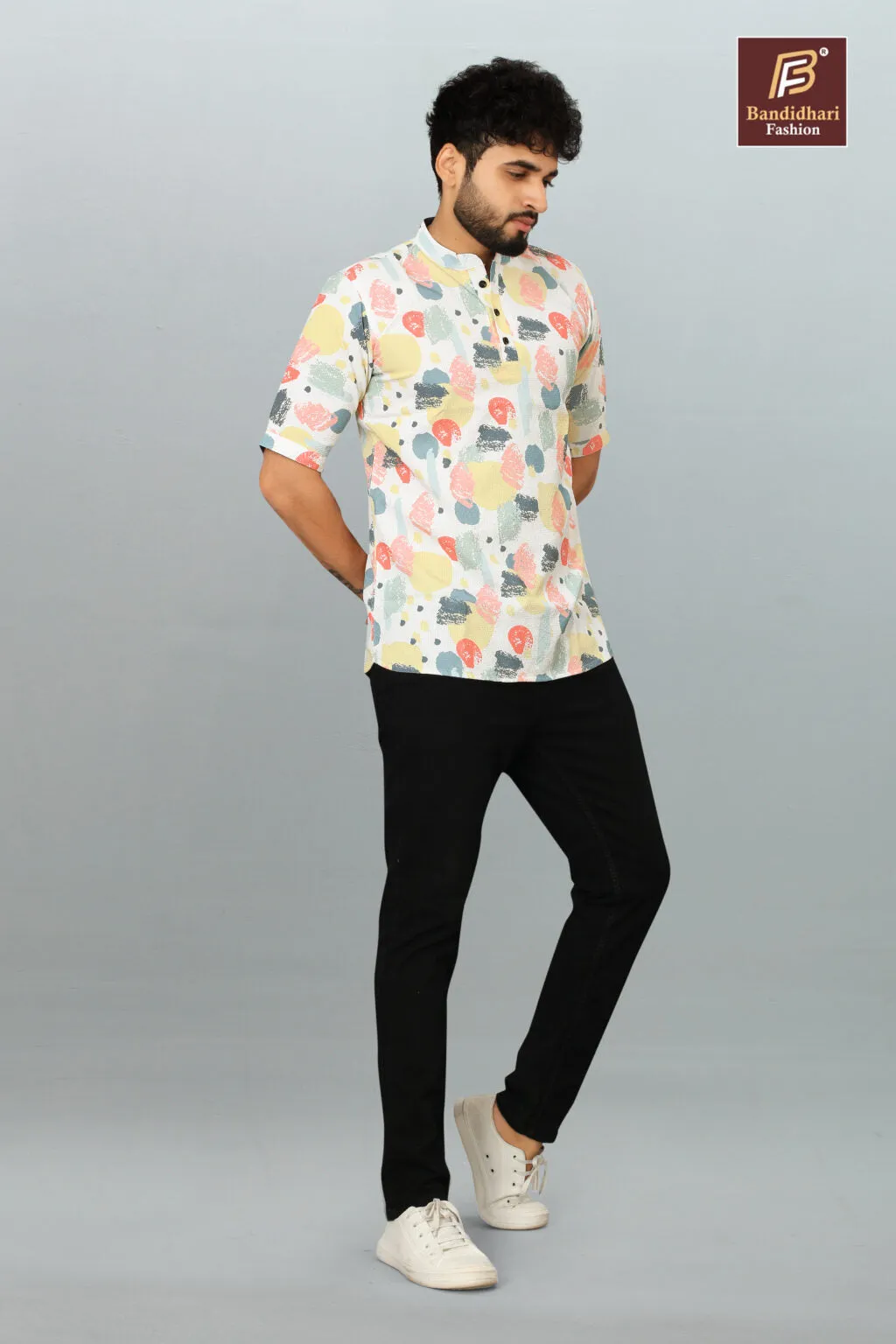 Comfortable Men's Printed Mandarin Collar Polyester Shirt