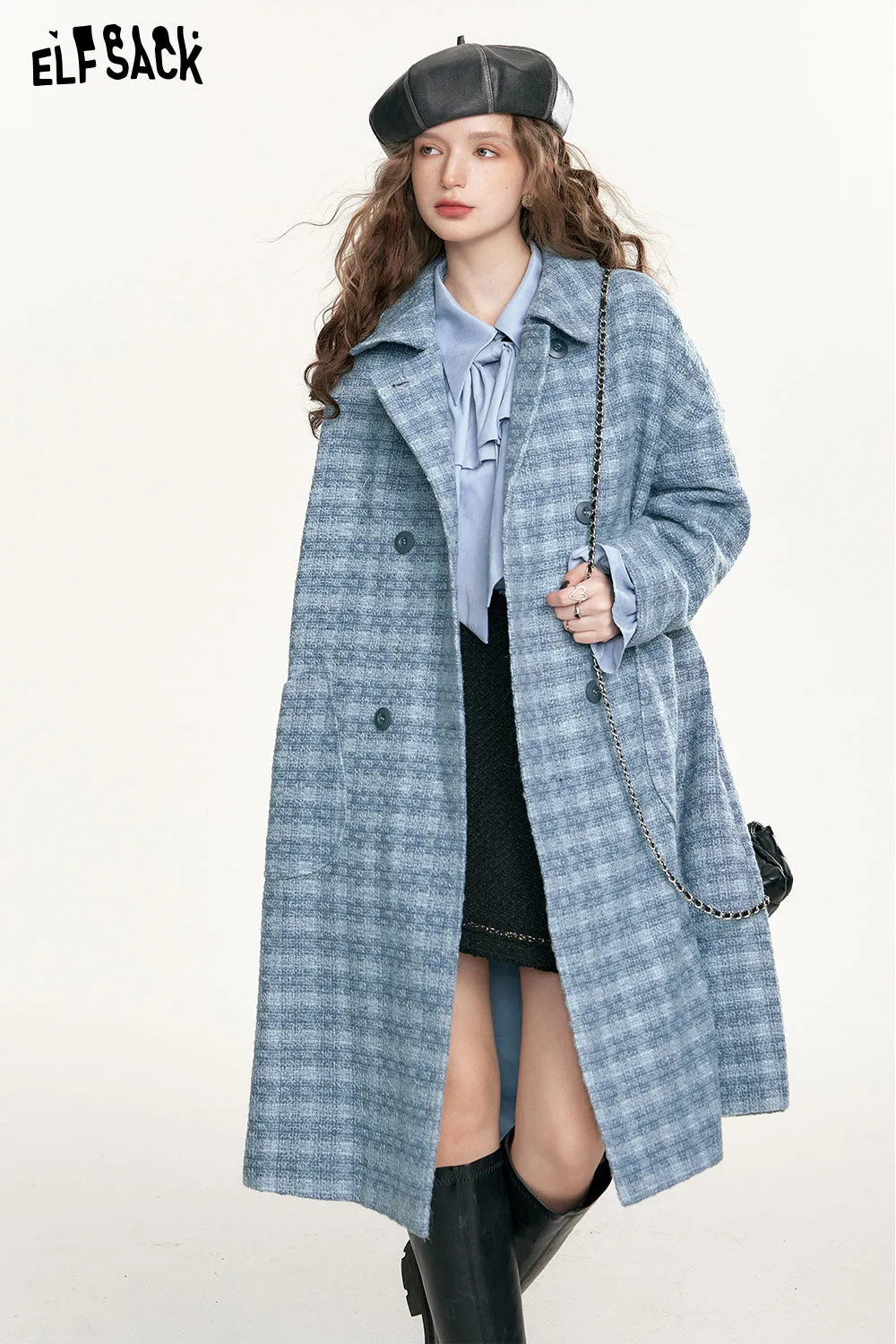 ELFSACK Blue Vintage Plaid Coats Women 2023 Autumn/Winter Academic Style Mid-length Outwears