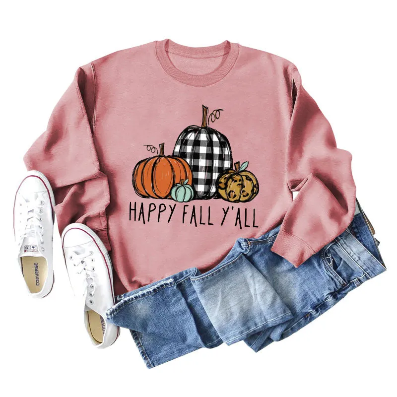 HAPPY FALL Y'ALL Pumpkin Leopard Crewneck Print Long Sleeve Shirt Women's Sweatshirt