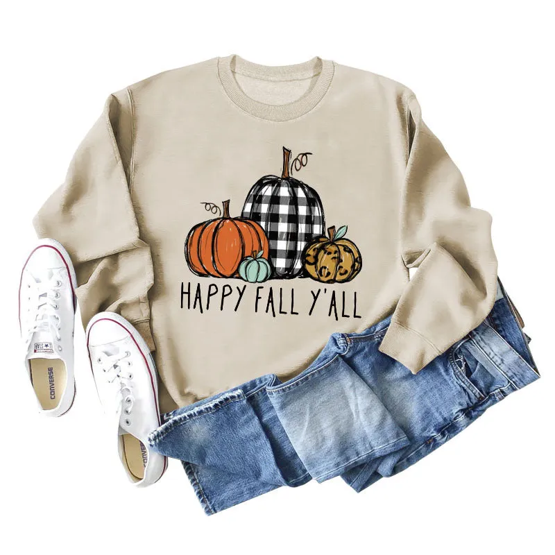 HAPPY FALL Y'ALL Pumpkin Leopard Crewneck Print Long Sleeve Shirt Women's Sweatshirt