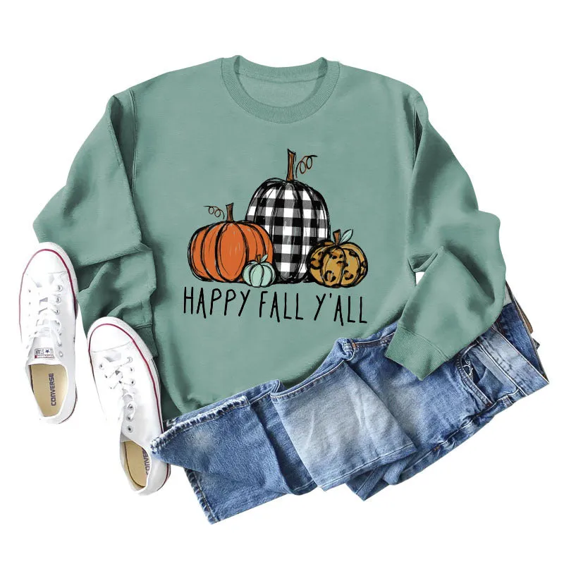 HAPPY FALL Y'ALL Pumpkin Leopard Crewneck Print Long Sleeve Shirt Women's Sweatshirt