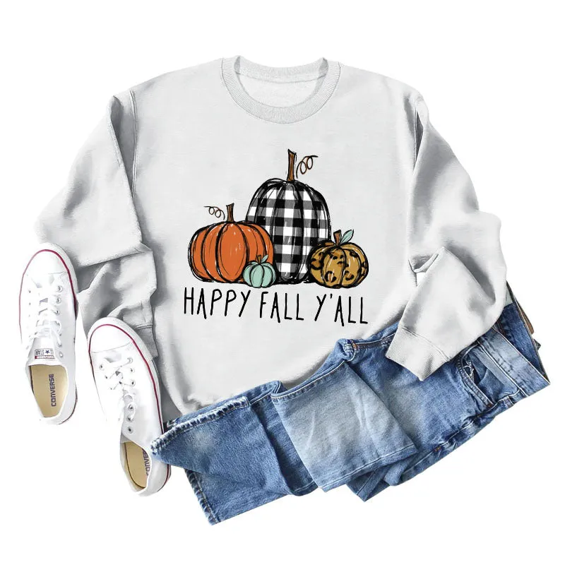 HAPPY FALL Y'ALL Pumpkin Leopard Crewneck Print Long Sleeve Shirt Women's Sweatshirt