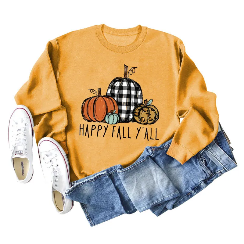 HAPPY FALL Y'ALL Pumpkin Leopard Crewneck Print Long Sleeve Shirt Women's Sweatshirt