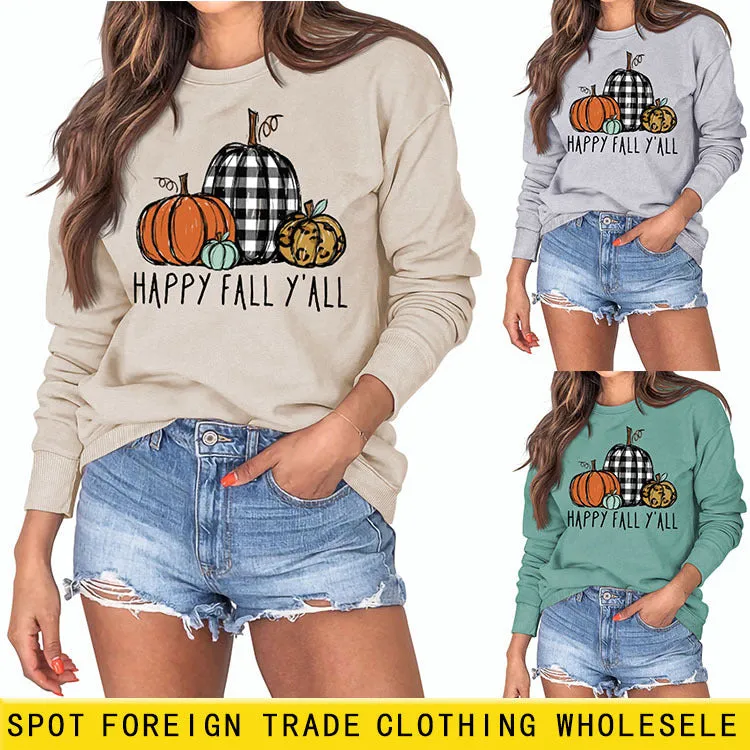 HAPPY FALL Y'ALL Pumpkin Leopard Crewneck Print Long Sleeve Shirt Women's Sweatshirt