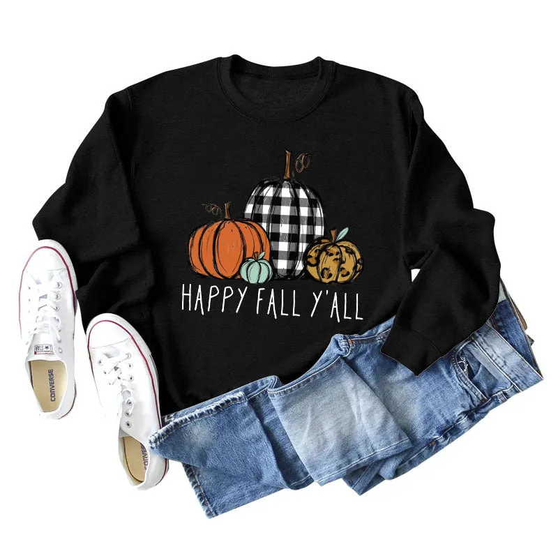 HAPPY FALL Y'ALL Pumpkin Leopard Crewneck Print Long Sleeve Shirt Women's Sweatshirt