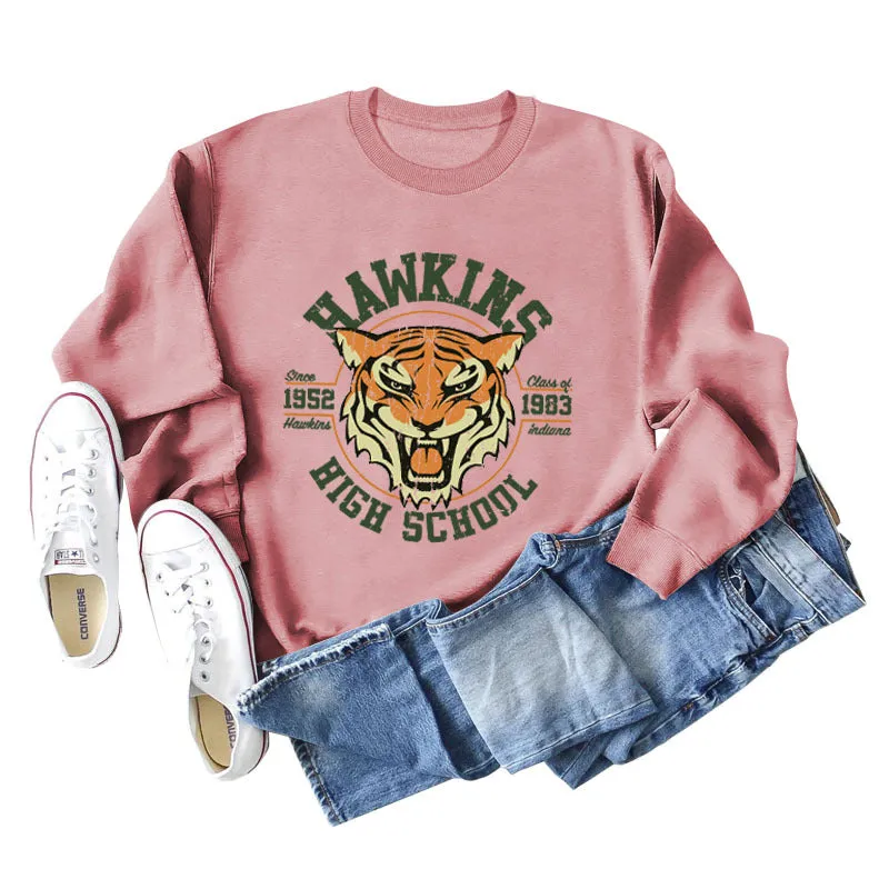 Hawkins Since Class Letter Printing Fashion Loose Long Sleeve Sweater Women