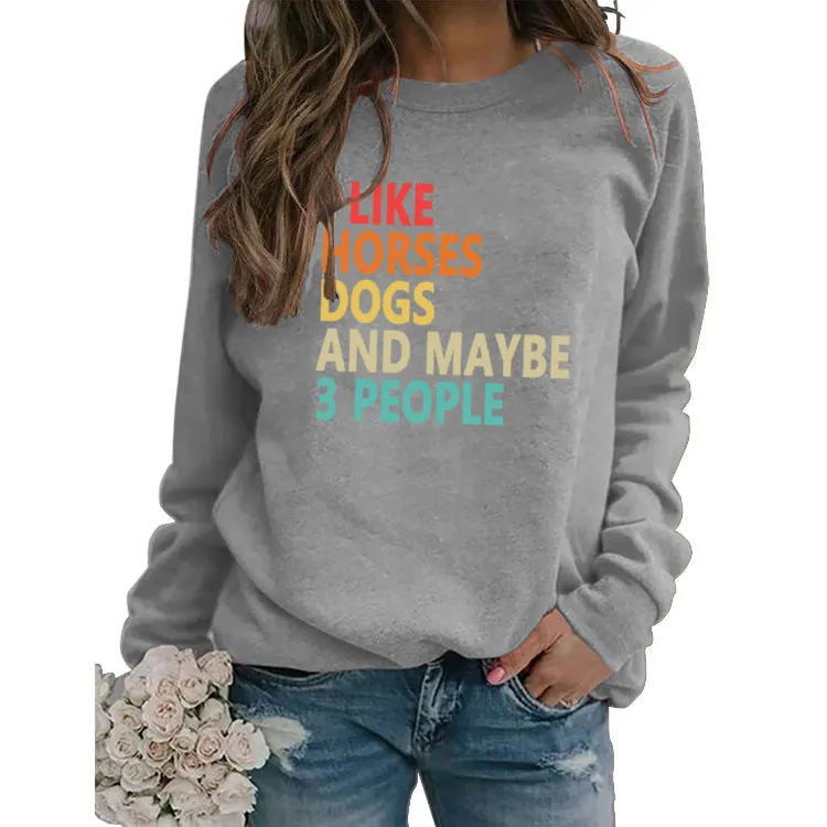 I Like Horses  Dogs Fashion Round Neck Print Letters Women's Long Sleeve Print Sweater