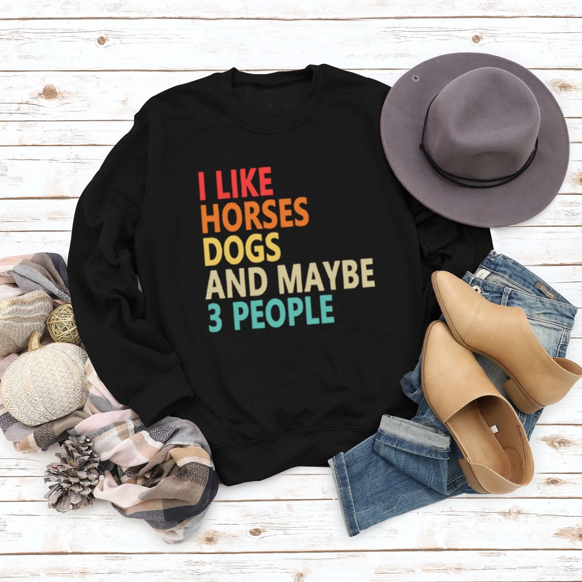 I Like Horses  Dogs Fashion Round Neck Print Letters Women's Long Sleeve Print Sweater