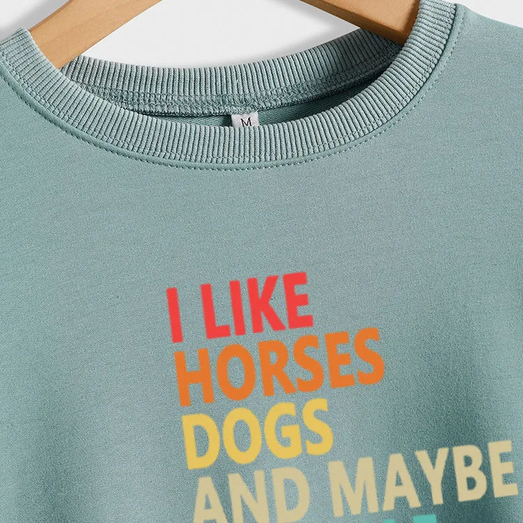 I Like Horses  Dogs Fashion Round Neck Print Letters Women's Long Sleeve Print Sweater