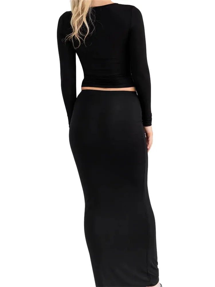 JuliaFashion - Solid Color O-neck Long Sleeve Slim Fit Basic T-Shirts Long Skirts Suits