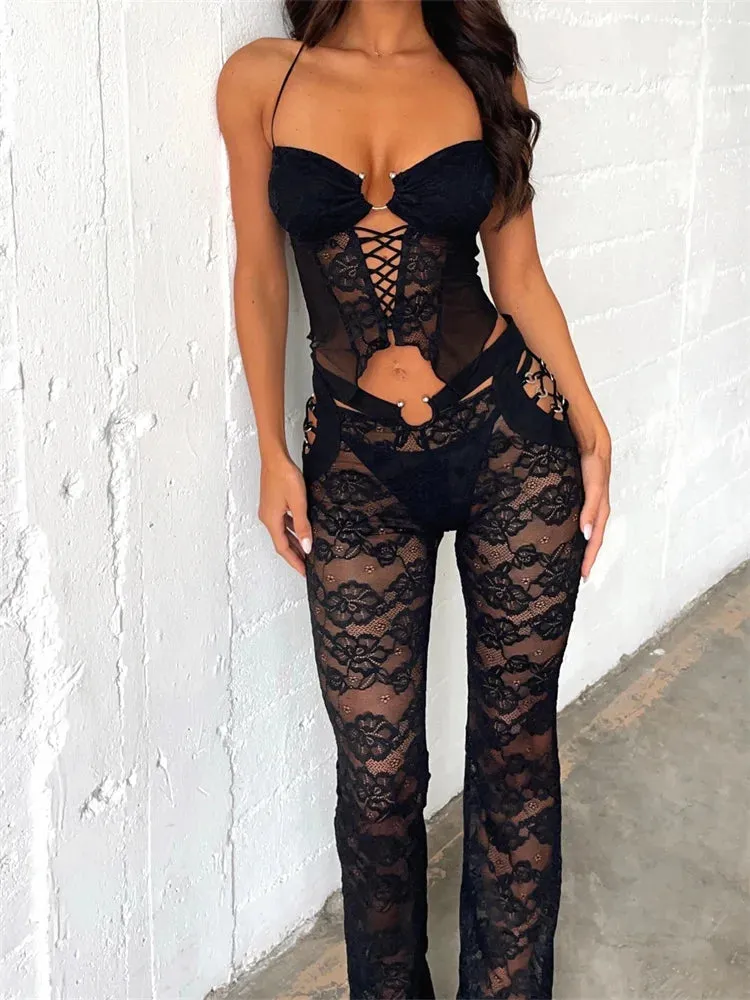 JuliaFashion - Summer Floral Halter Lace Pants Suits