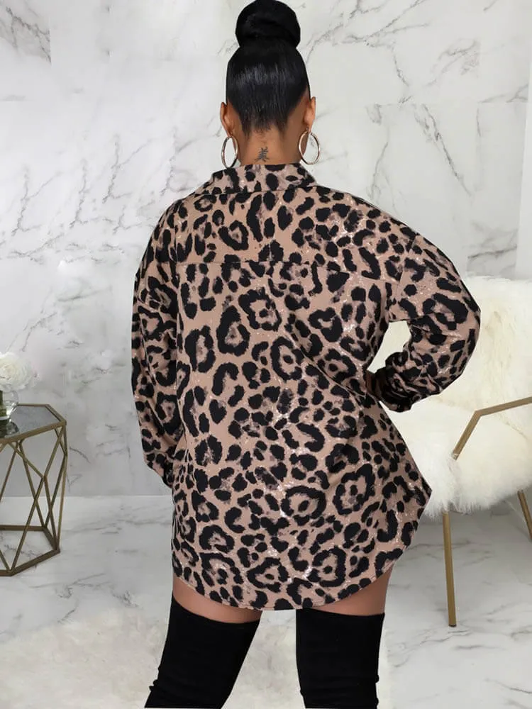 Leopard Print Shirts Mini Dress