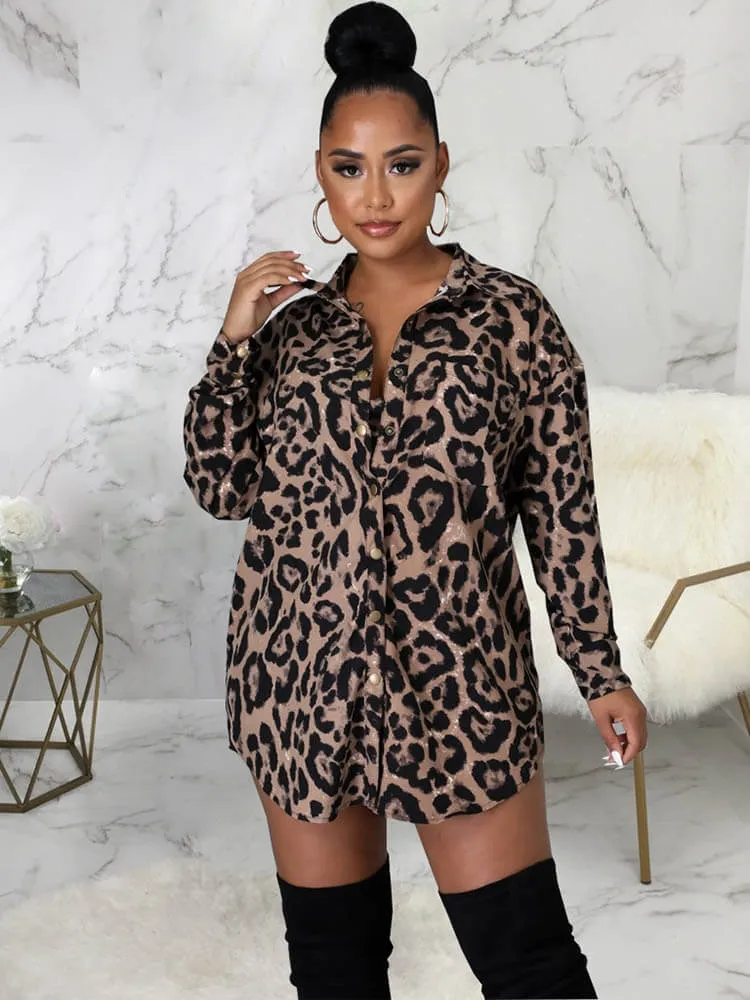 Leopard Print Shirts Mini Dress