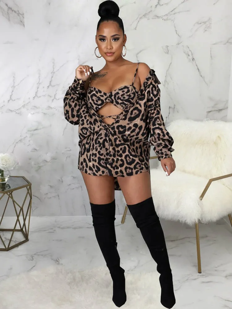 Leopard Print Shirts Mini Dress