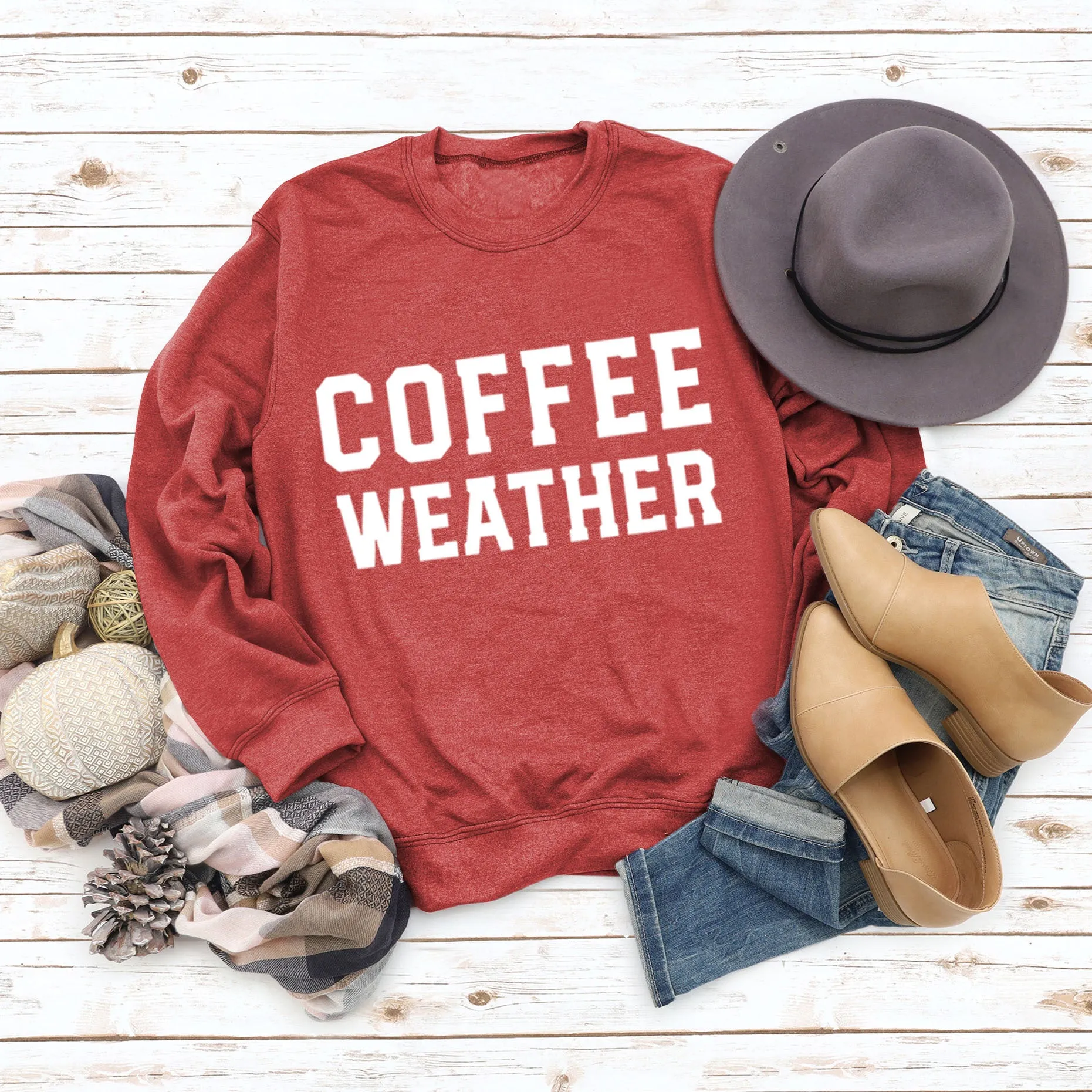 Letter COFFEE WEATHER Fashion Long Sleeve Women's Cross-border Round Neck Sweater