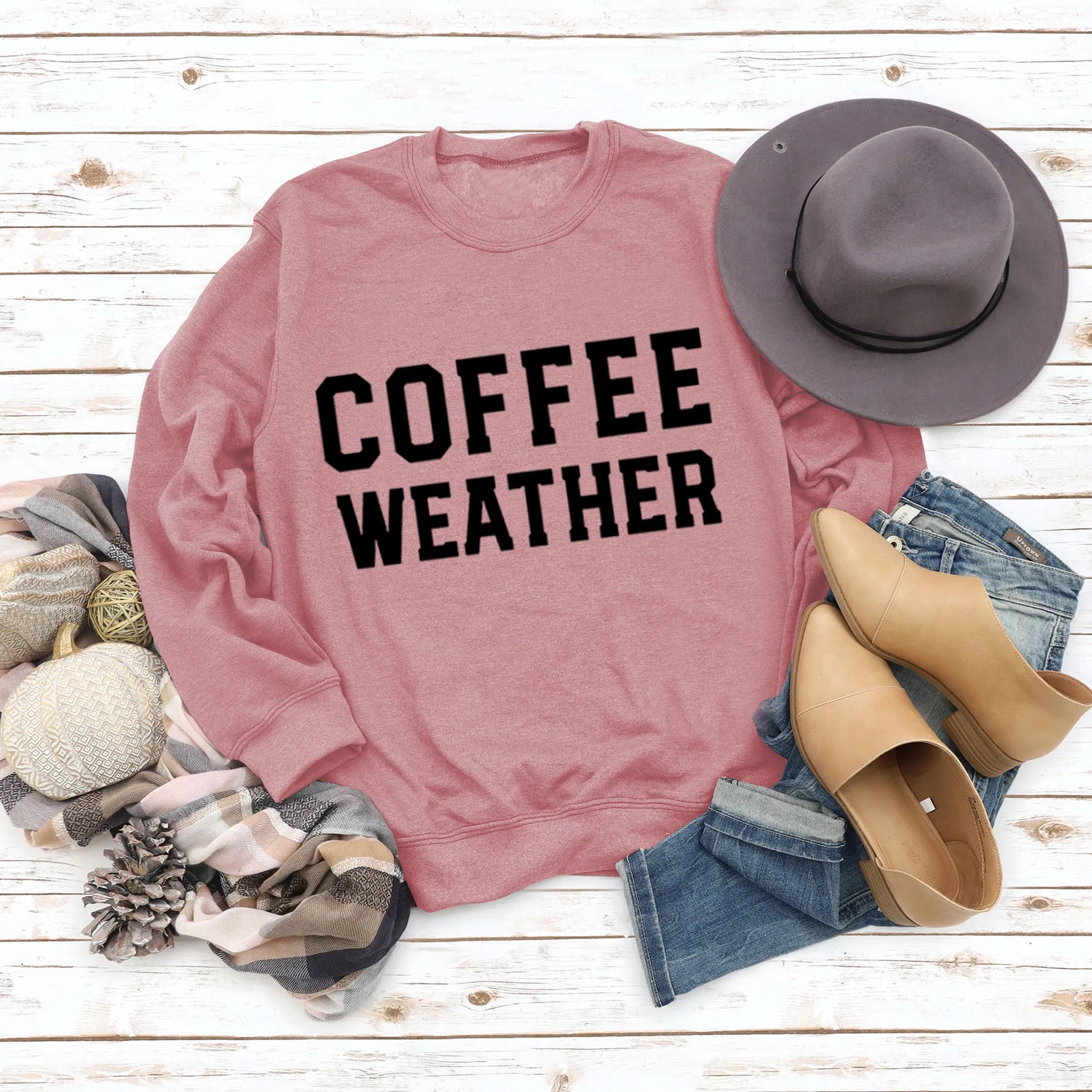 Letter COFFEE WEATHER Fashion Long Sleeve Women's Cross-border Round Neck Sweater